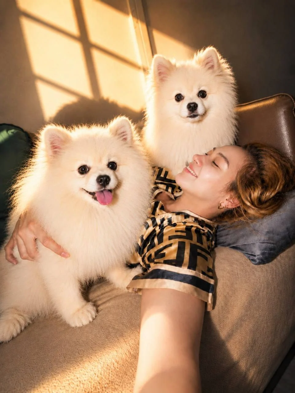 A warm family moment at home with two fluffy dogs